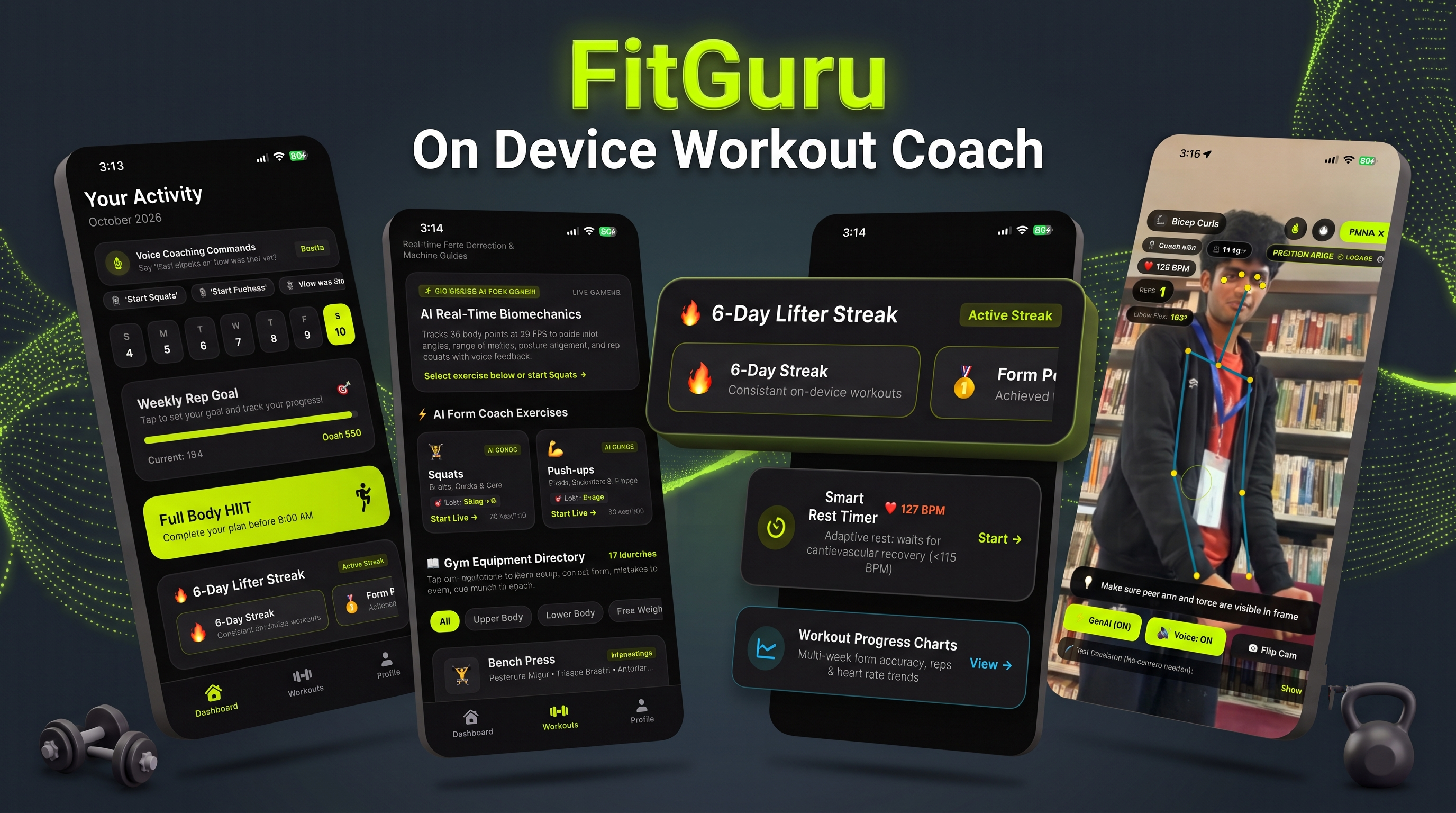 FitGuru on four floating phones: activity dashboard, AI exercise catalog, streak and rest timer, and live pose coaching